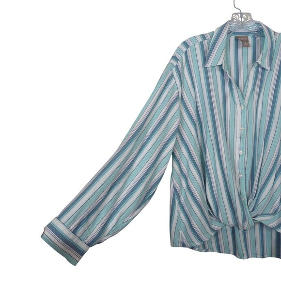 Chico's Striped blue white blouse sz 3 sz 16 with Twist front design Tab Sleeves - Picture 3 of 14